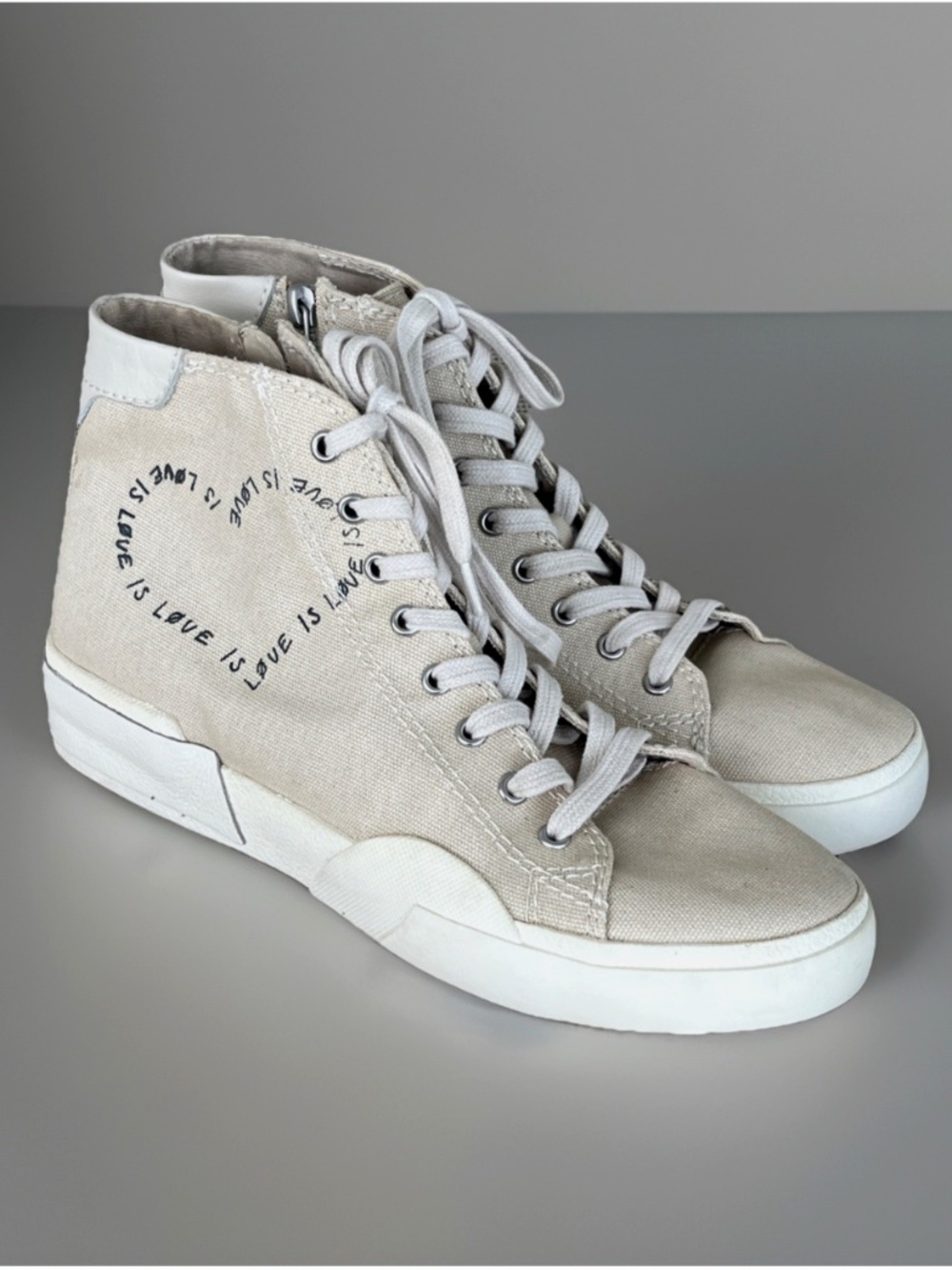 Dolce Vita Womens Size 8.5 Canvas Shoes High Top Lace Up Zip Beige Love Is Love